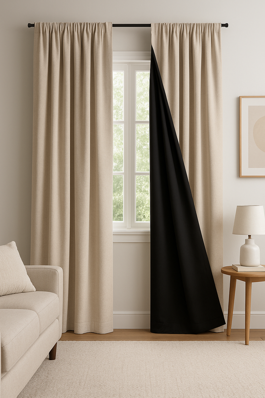 un rideau beige à doublure noire dans un salon moderne