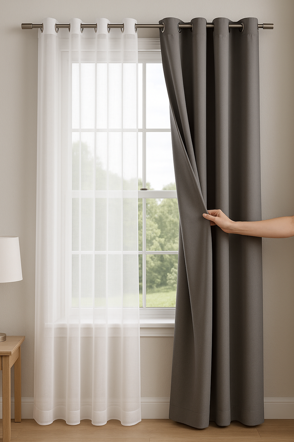 Fenêtre habillée avec un voilage blanc translucide et un rideau occultant gris, installés côte à côte sur une tringle à œillets, dans une pièce lumineuse avec vue sur un paysage verdoyant.