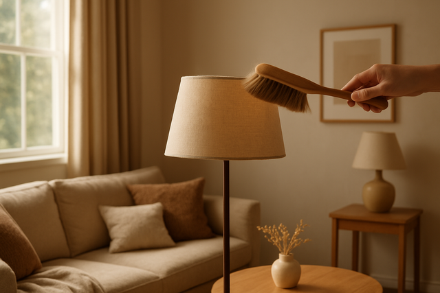 Nettoyage d'un abat-jour en tissu blanc avec une brosse douce dans un salon lumineux et cosy