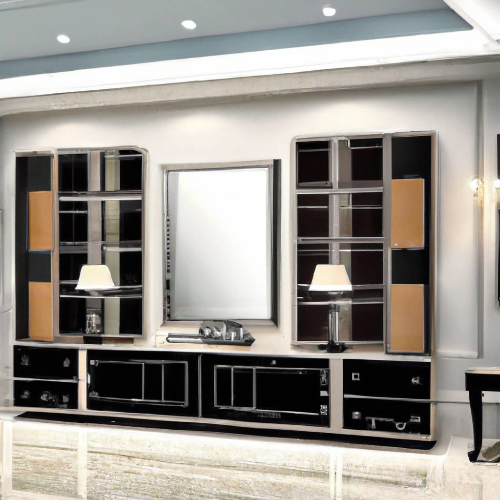Élégante décoration intérieure moderne avec meuble TV noir, lampe blanche et miroir, ambiance chic et lumineuse.