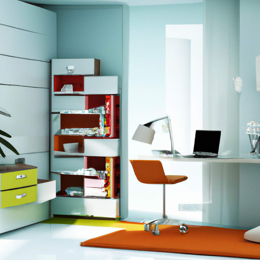 Décoration intérieure moderne avec meuble de rangement coloré, chaise orange et bureau minimaliste sur fond bleu.
