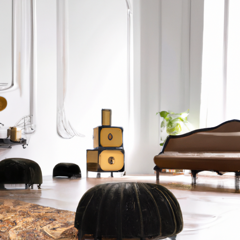 Intérieur moderne avec canapé élégant, couleurs neutres, éléments rétro, plantes vertes et détails en bois.