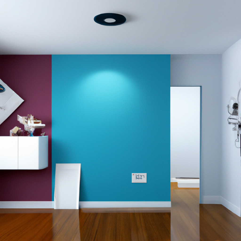 Intérieur moderne avec murs bleu turquoise et violet, mobilier minimaliste blanc, et parquet en bois brillant.