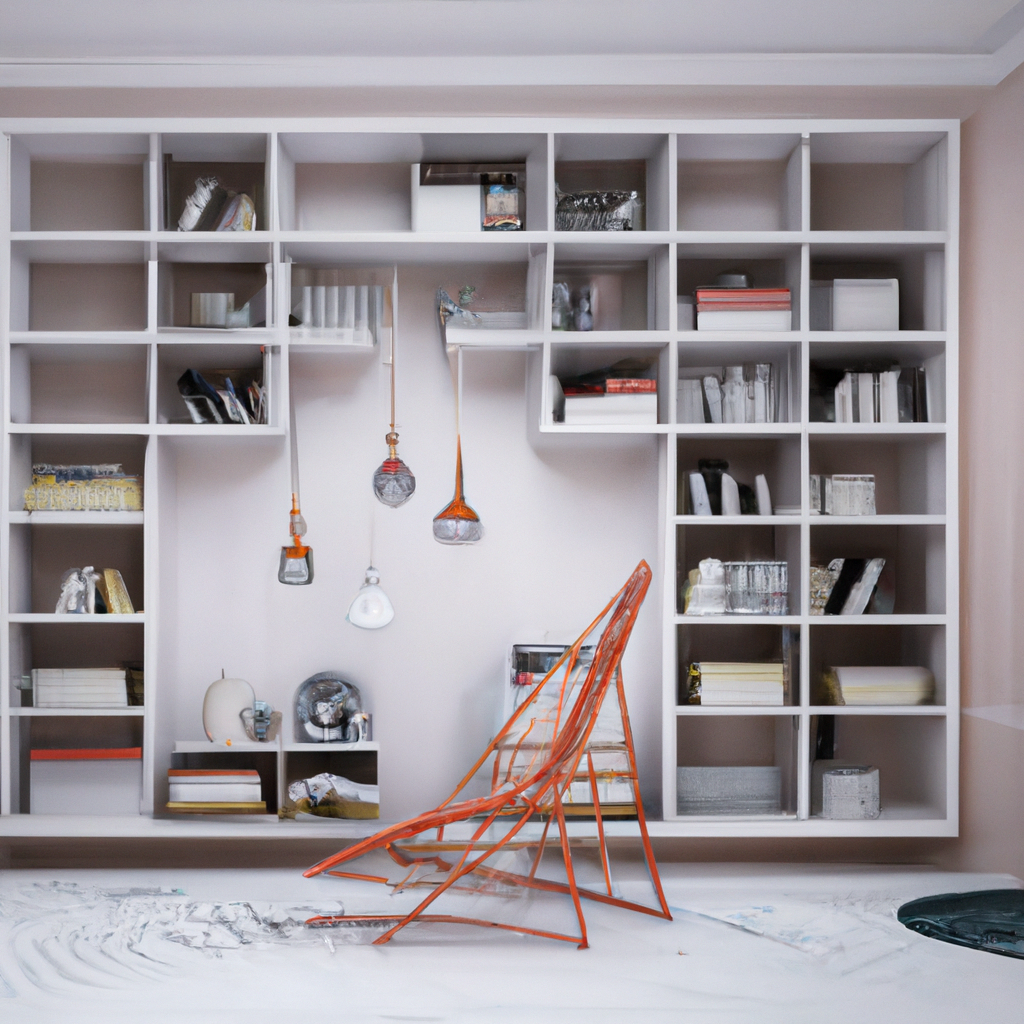 Bibliothèque moderne blanche avec étagères cubiques, objets décoratifs et chaise orange, ambiance minimaliste et contempor...