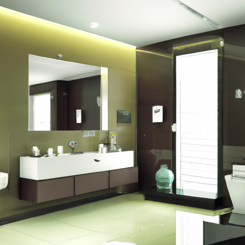 Salle de bain moderne avec murs bruns, meubles blancs, miroir lumineux et éclairage subtil, ambiance élégante et épurée.