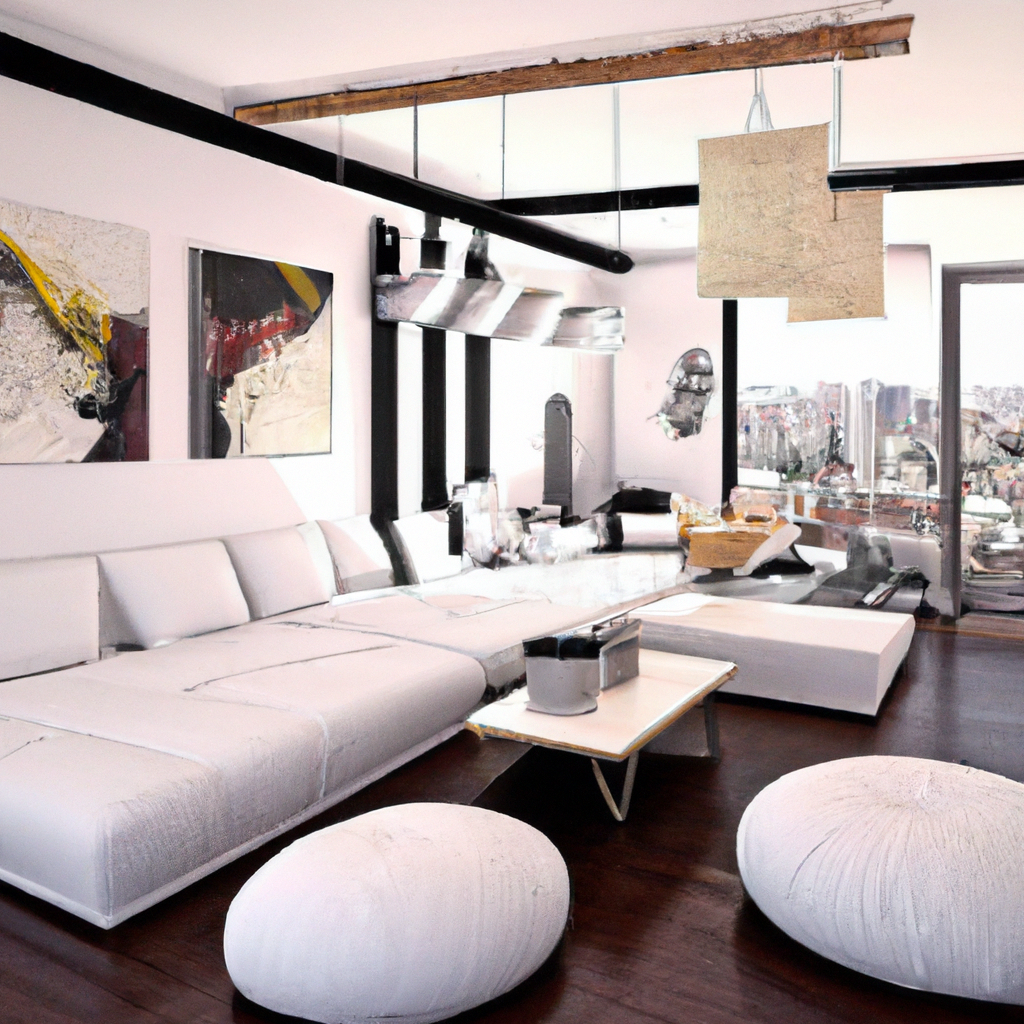 Salon moderne minimaliste avec canapés blancs, œuvres d'art colorées, lumière naturelle et ambiance épurée.