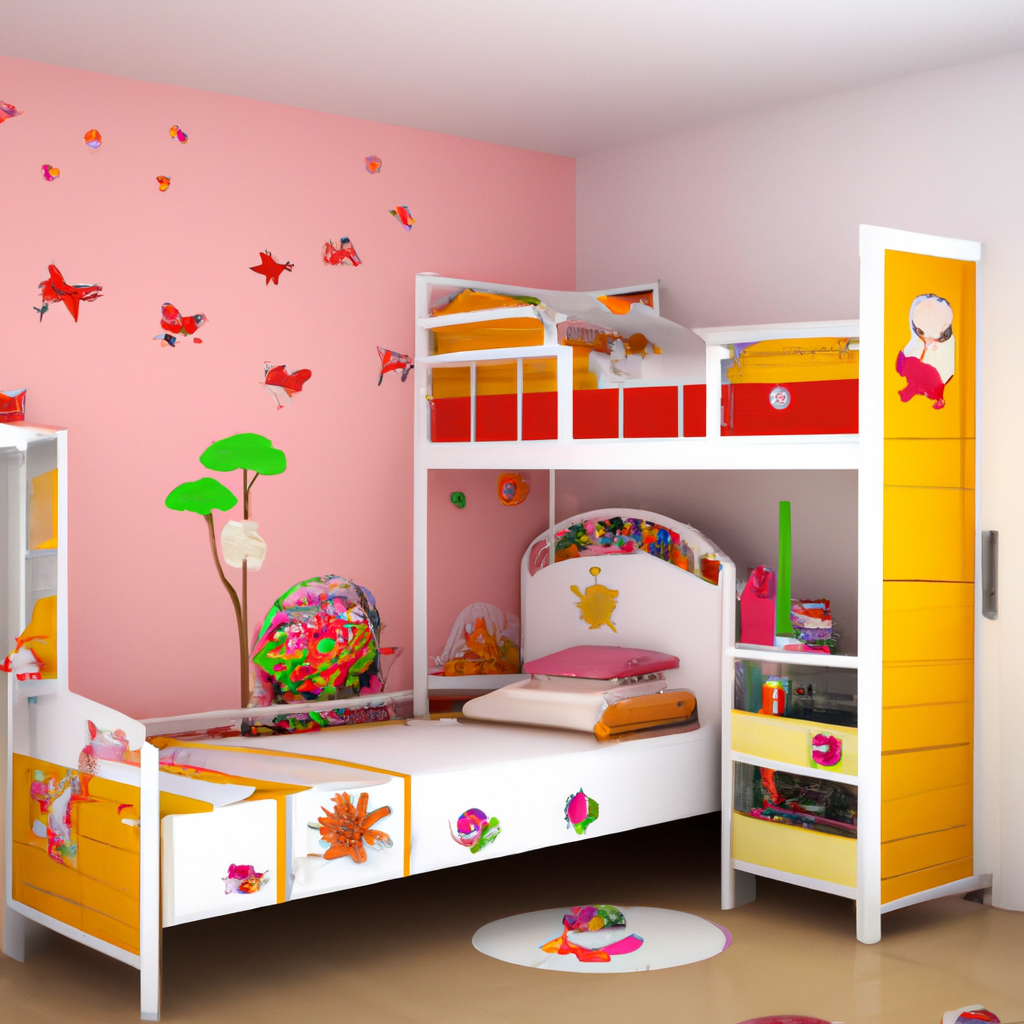 Lit superposé coloré pour enfants avec tiroirs jaunes et rouges, murs rose vif décorés de dessins ludiques. Ambiance joyeuse.