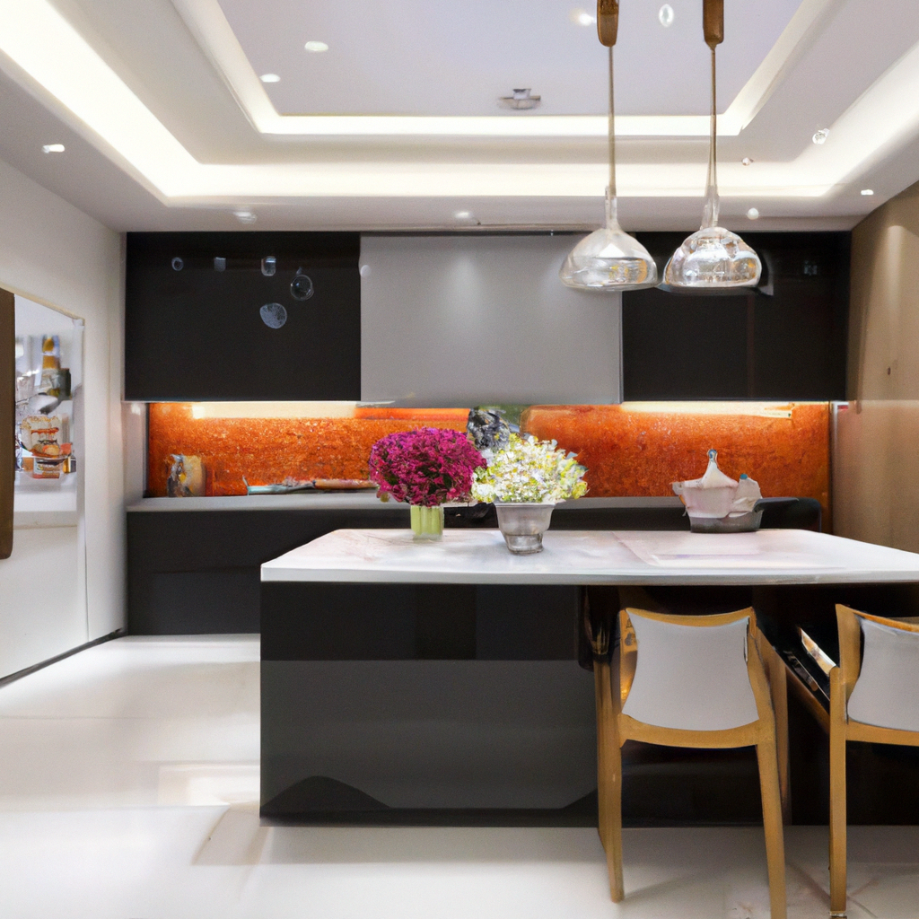 Cuisine moderne avec îlot central en marbre, meubles noirs brillants, ambiance lumineuse et touches florales colorées.