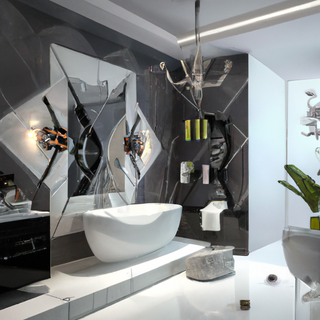 Salle de bains moderne avec miroir mural, baignoire blanche, accents noirs et touches de verdure pour une ambiance élégante.