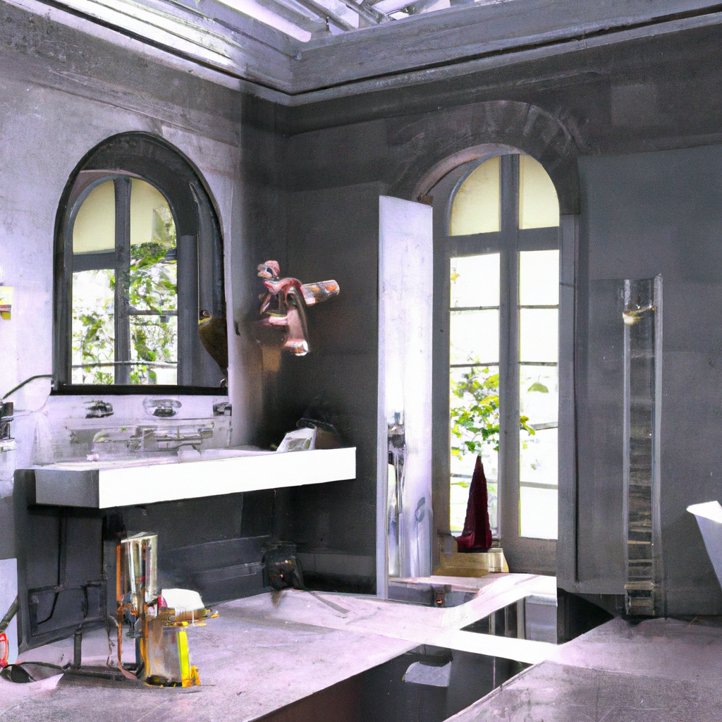 Salle de bain moderne aux murs gris, lavabo suspendu élégant, grandes fenêtres lumineuses et touches artistiques.