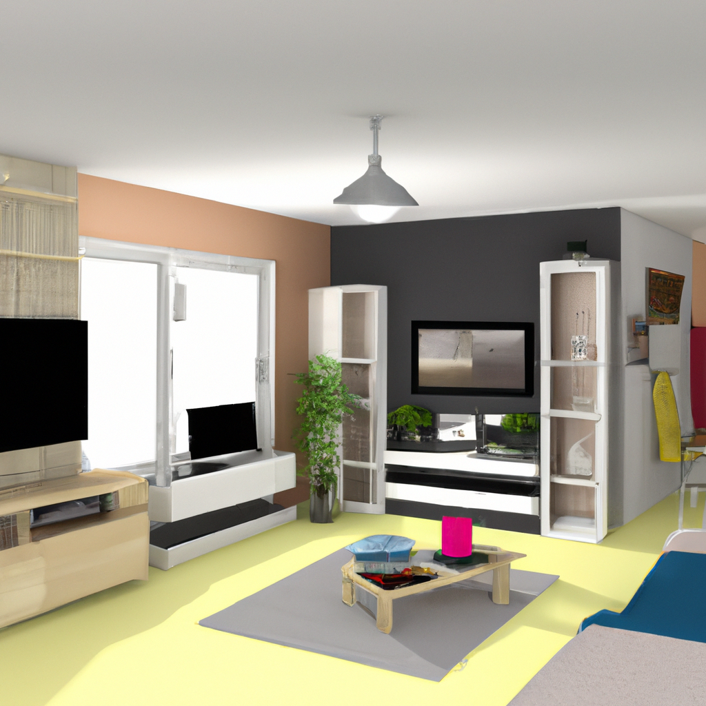 Salon moderne avec murs orange et noir, meubles en bois clair, plantes vertes, et ambiance lumineuse et accueillante.