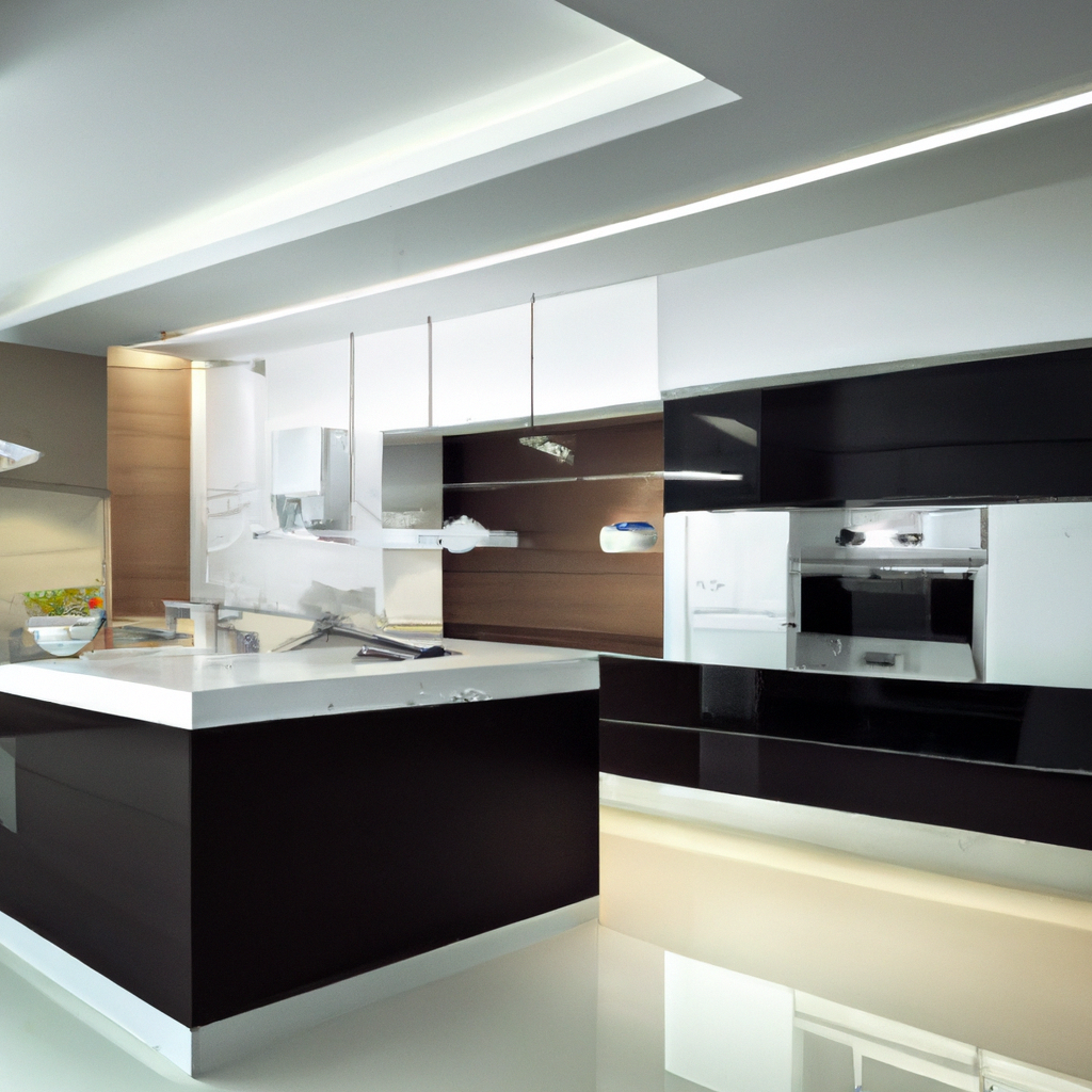 Cuisine moderne aux lignes épurées, mélange de blanc et noir, éclairage LED, équipements contemporains et surface brillante.