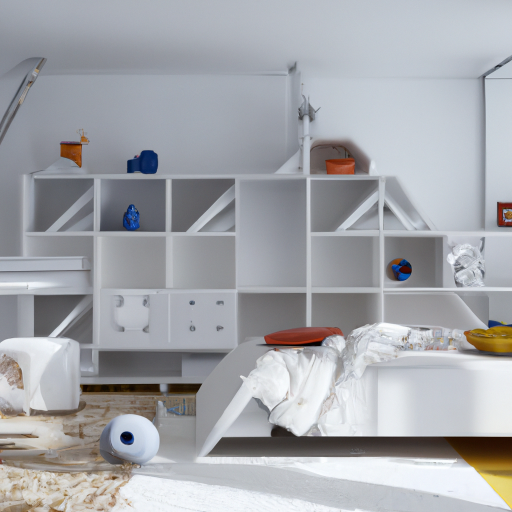 Intérieur moderne minimaliste avec meuble blanc asymétrique, touches de couleur, ambiance épurée et artistique.