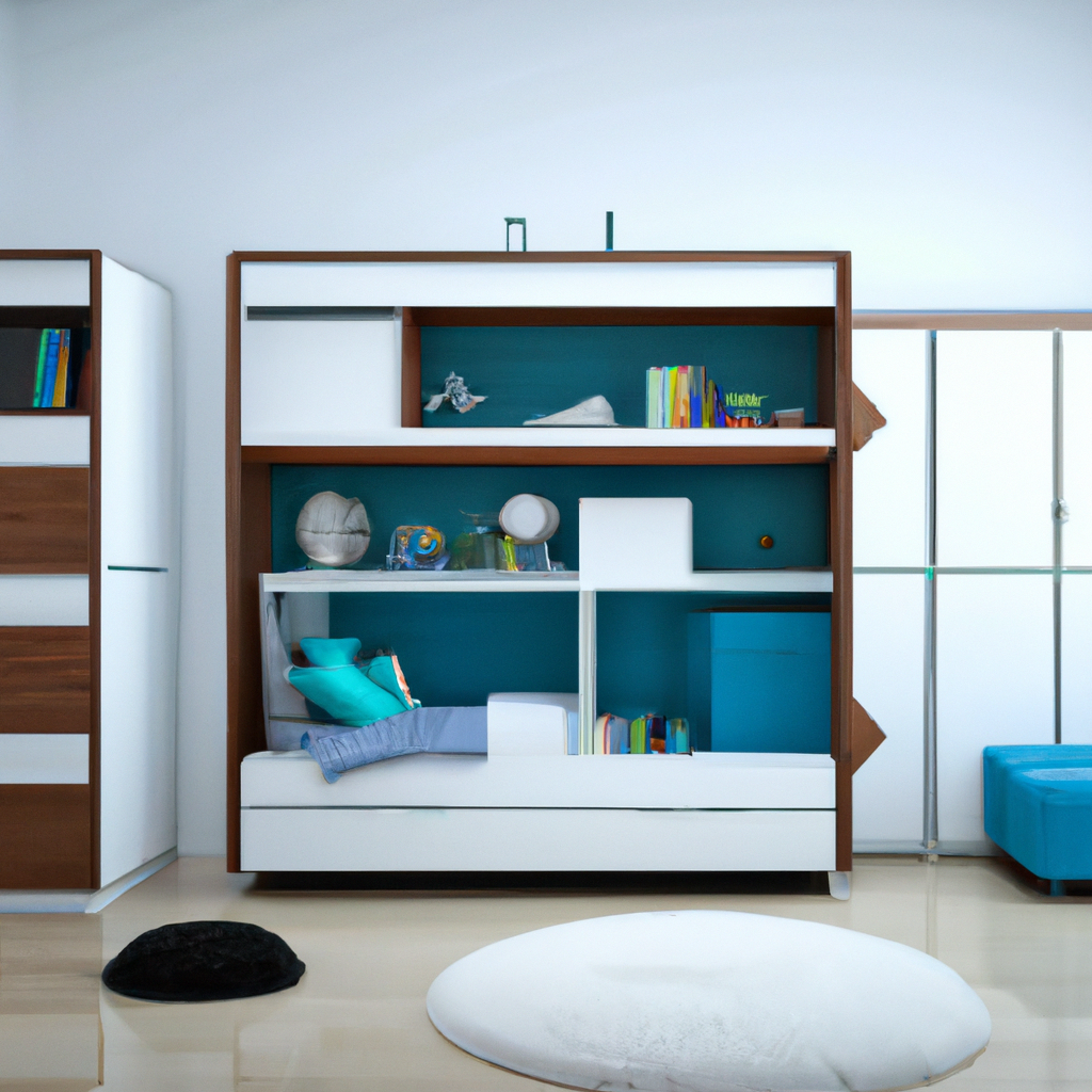 Mobilier moderne en bois et blanc, étagère sur fond turquoise, ambiance minimaliste, coussins colorés, sol brillant.