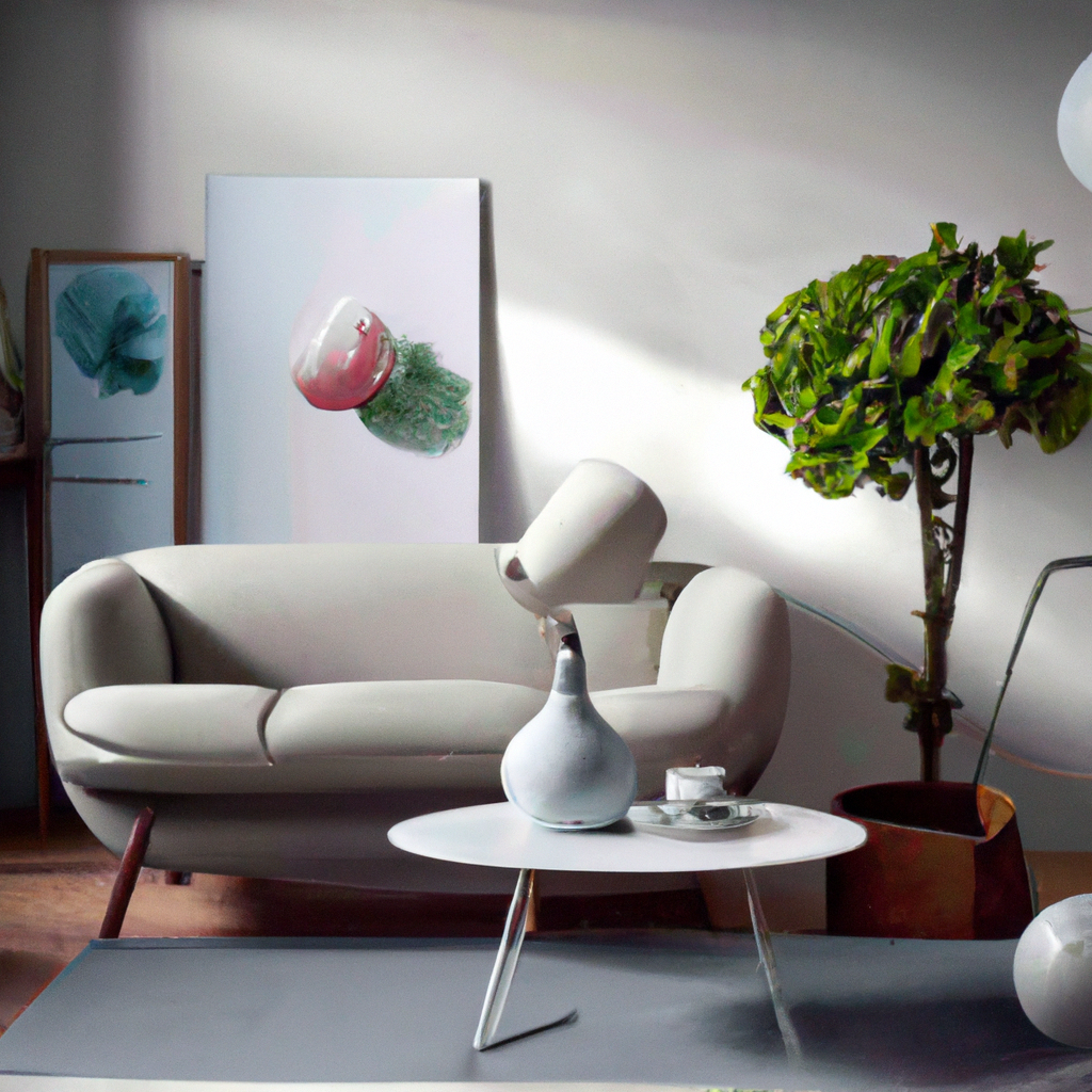 Décor moderne avec canapé beige, table blanche, lampe design, plante verte, et œuvres d'art murales abstraites.