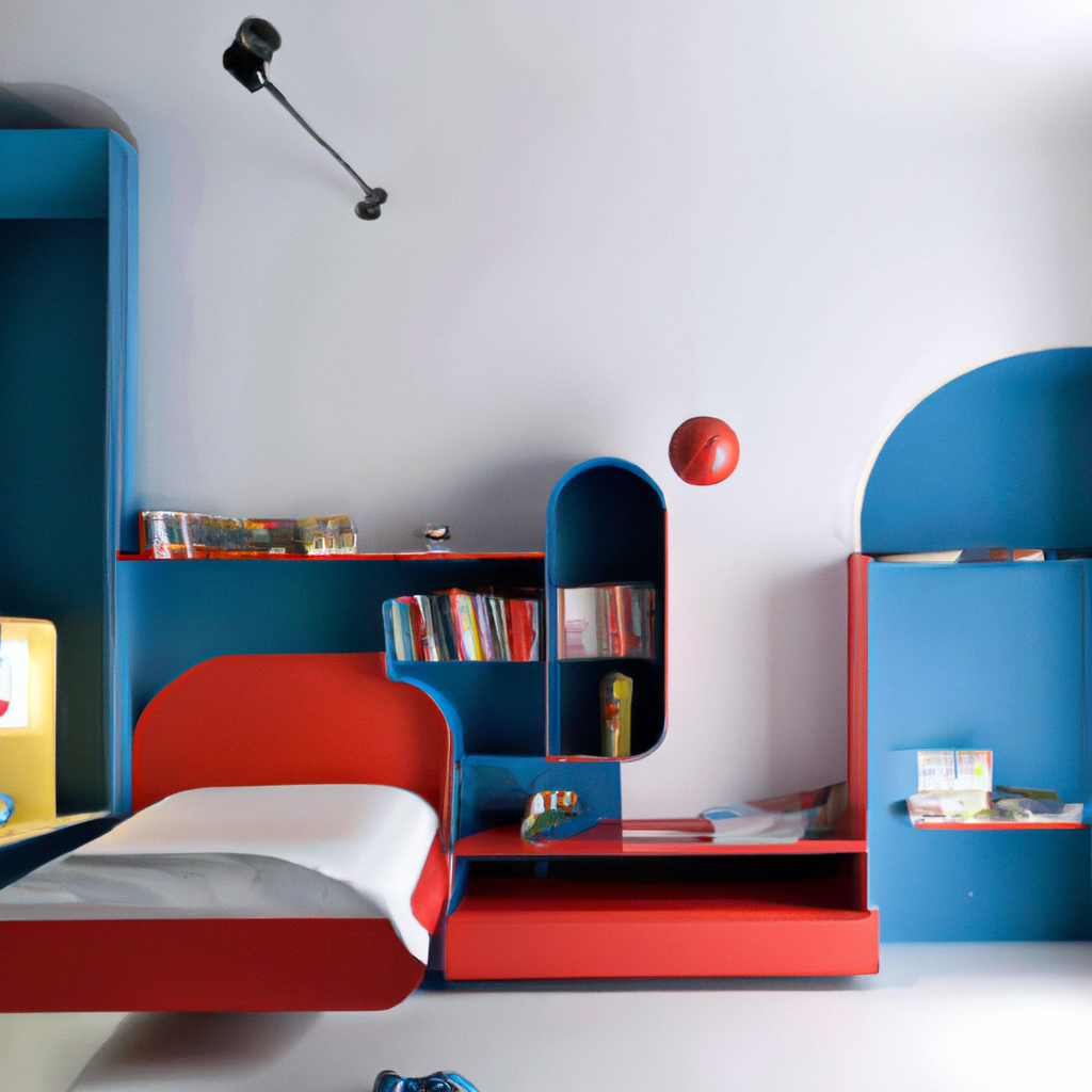 Chambre moderne aux couleurs vives, meubles rouge et bleu, ambiance ludique et fonctionnelle avec étagères et lit minimali...
