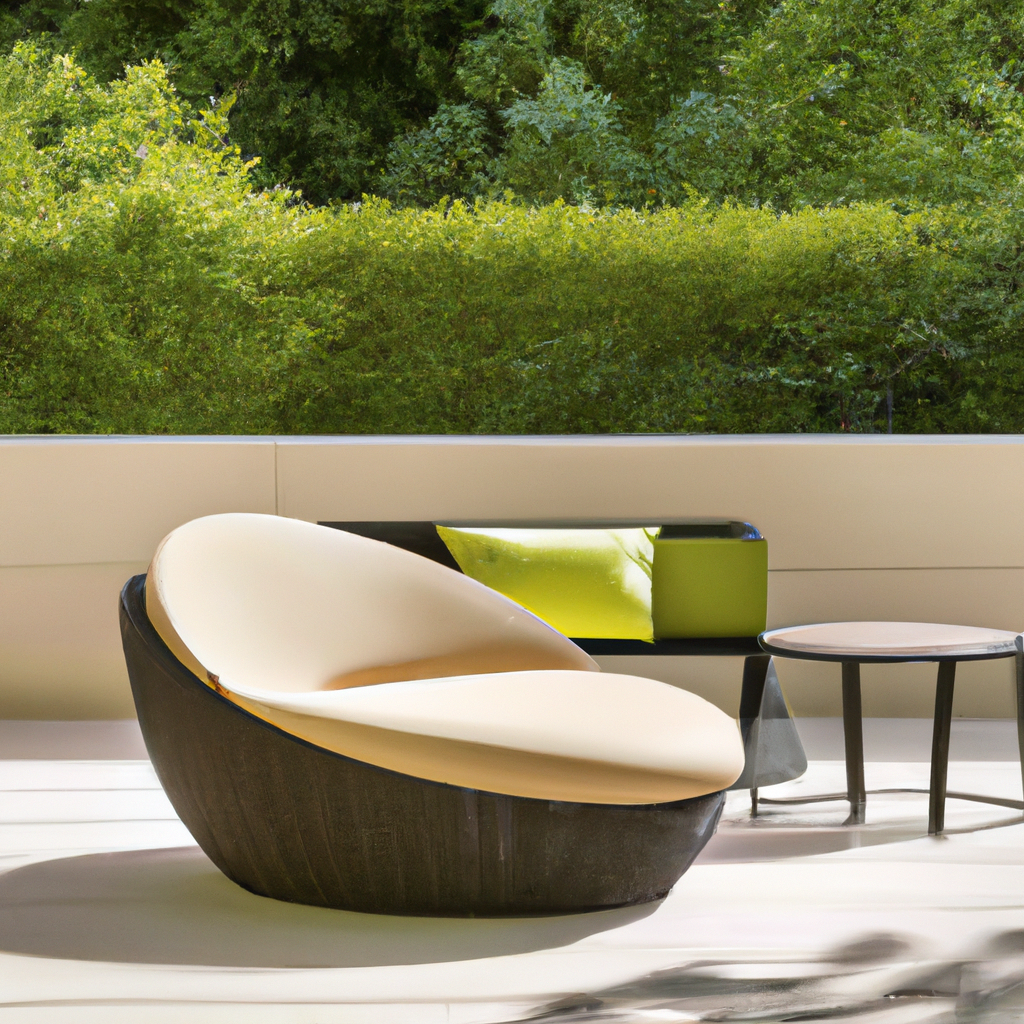 Mobilier moderne extérieur : fauteuil oval beige, table noire minimaliste, verdure environnante pour une ambiance apaisante.