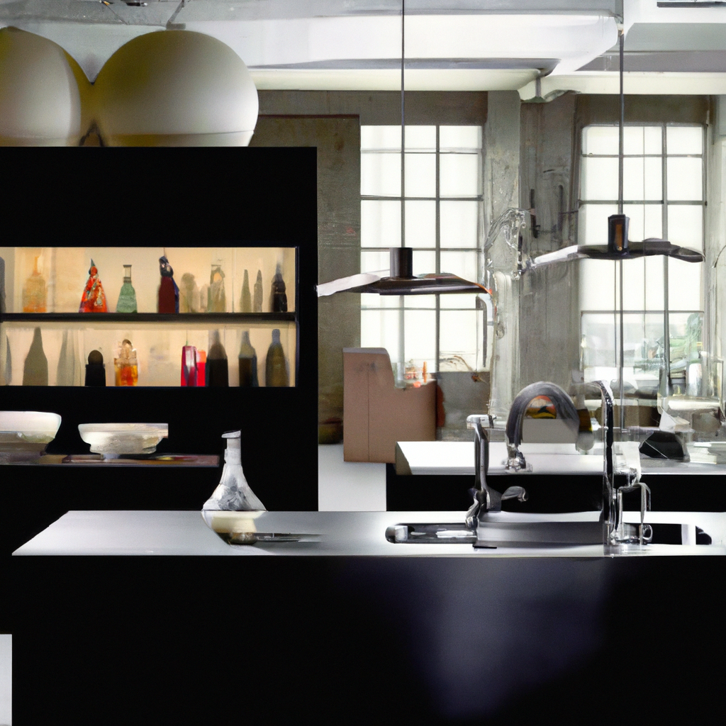 Cuisine moderne minimaliste avec îlot noir, éclairage suspendu, murs en béton et éléments décoratifs en verre coloré.
