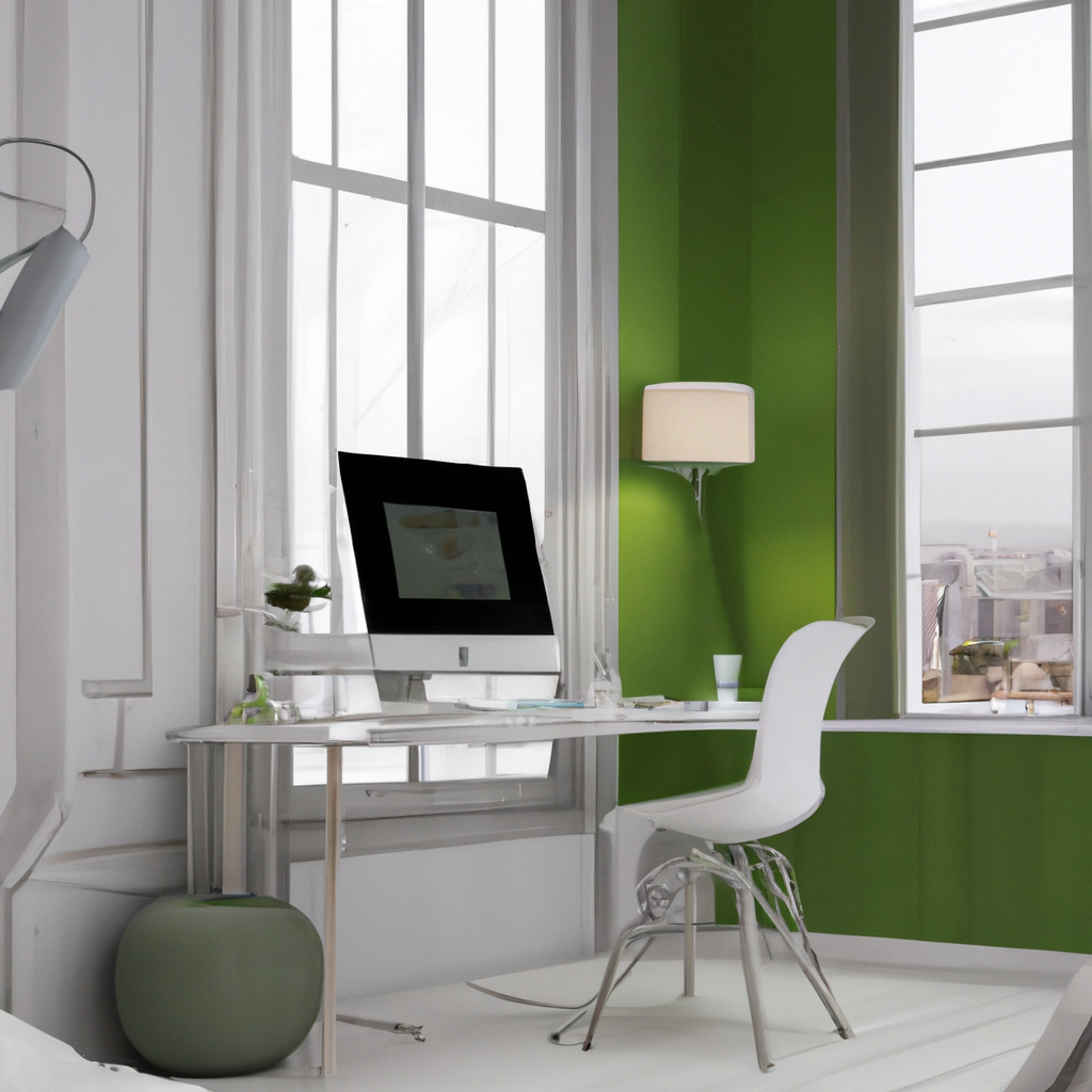 Bureau moderne avec murs verts, bureau blanc, chaise élégante, lampadaire, ambiance lumineuse et épurée.