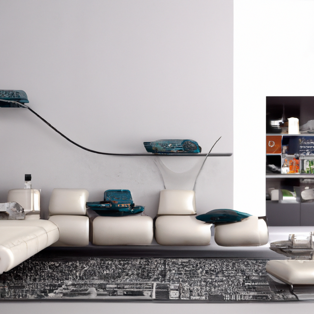 Salon moderne avec canapé blanc, étagères turquoise et tapis noir, ambiance minimaliste et élégante.