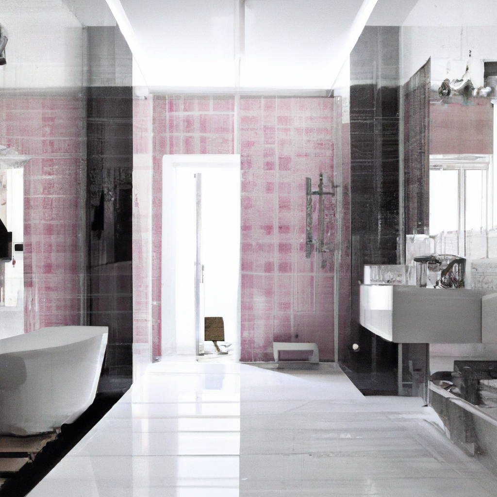 Salle de bain moderne avec murs en marbre noir et rose, baignoire blanche et ambiance épurée et luxueuse.