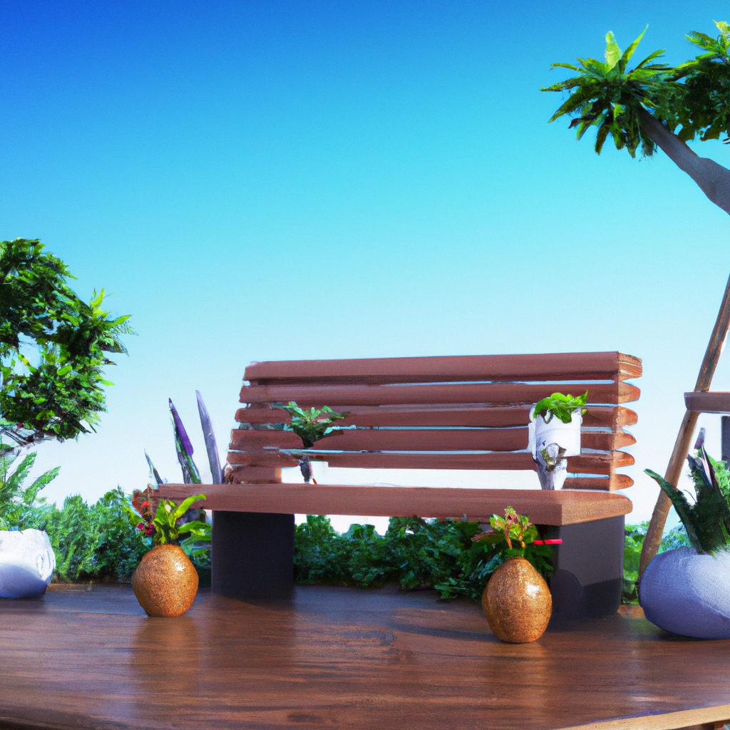 Banc en bois moderne, plantes vertes, pots dorés, ambiance extérieure, ciel bleu, déco contemporaine relaxante.