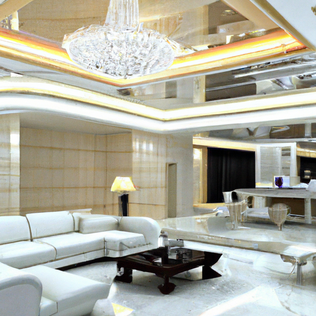 Intérieur moderne élégant avec canapé blanc, table en verre, lustre en cristal et murs miroités créant une ambiance lumine...