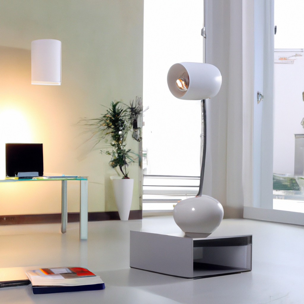 Décoration moderne minimaliste : lampe élégante, table en verre, couleurs douces, ambiance lumineuse et épurée.