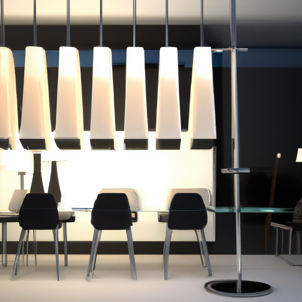 Décor moderne et épuré avec des chaises noires, une table en verre et des lampes suspendues lumineuses, ambiance chic.