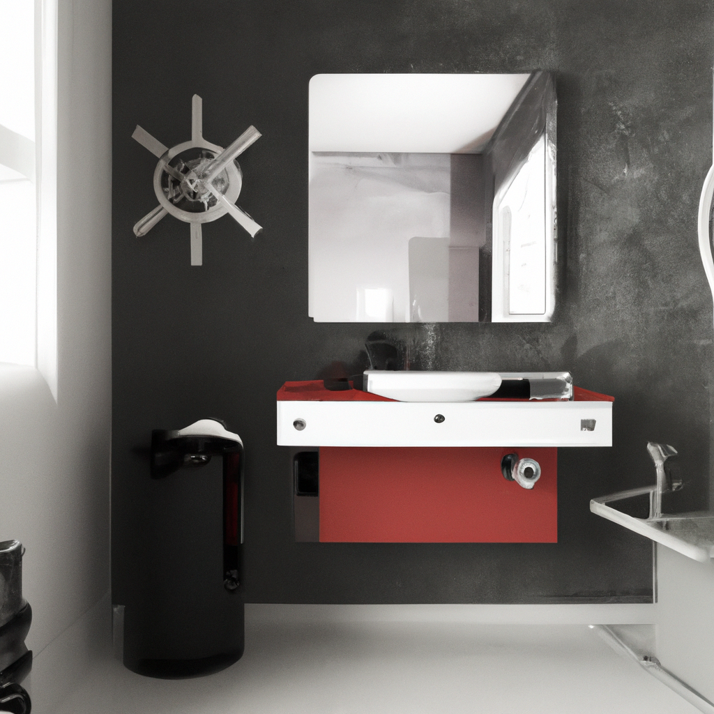 Salle de bain moderne avec mur noir, meuble rouge, miroir contemporain et robinetterie élégante. Style minimaliste.