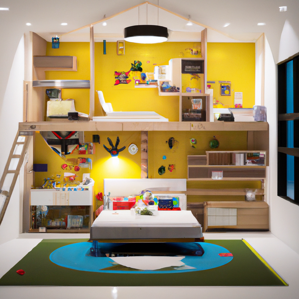 Décoration intérieure colorée avec murs jaunes, étagères en bois, meubles modernes et ambiance ludique.