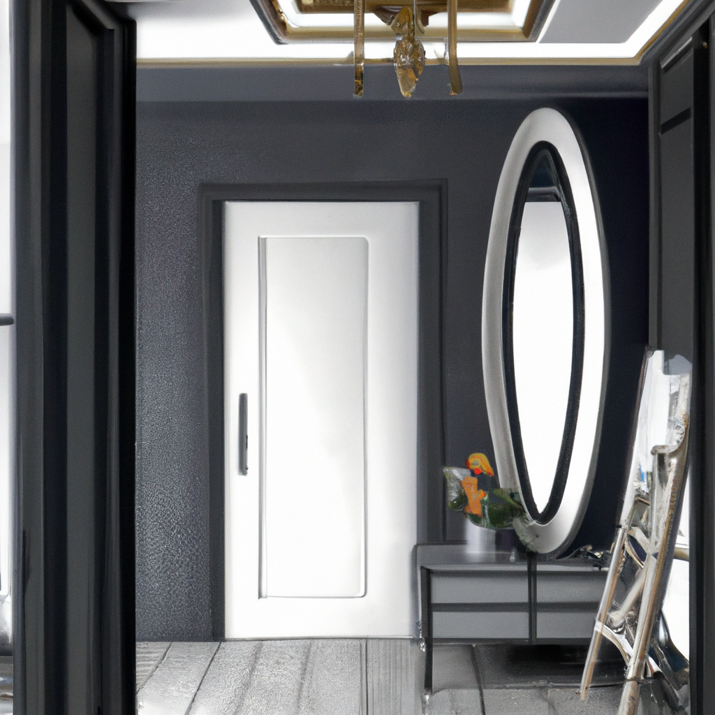Entrée moderne avec miroir ovale, meuble gris et porte blanche, ambiance minimaliste et lumineuse, touches élégantes.
