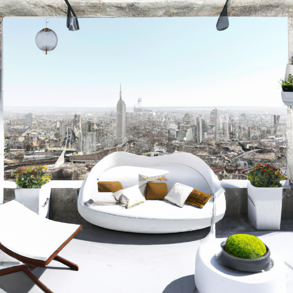 Terrasse moderne avec sofa blanc, coussins dorés, vue urbaine panoramique, ambiance chic et minimaliste.
