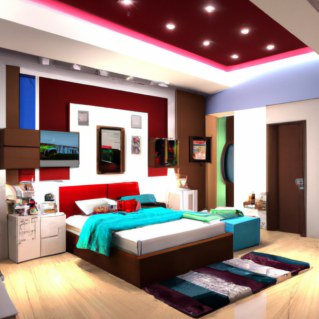 Chambre moderne avec lit king-size, murs rouges et blancs, décoration colorée et ambiance contemporaine.