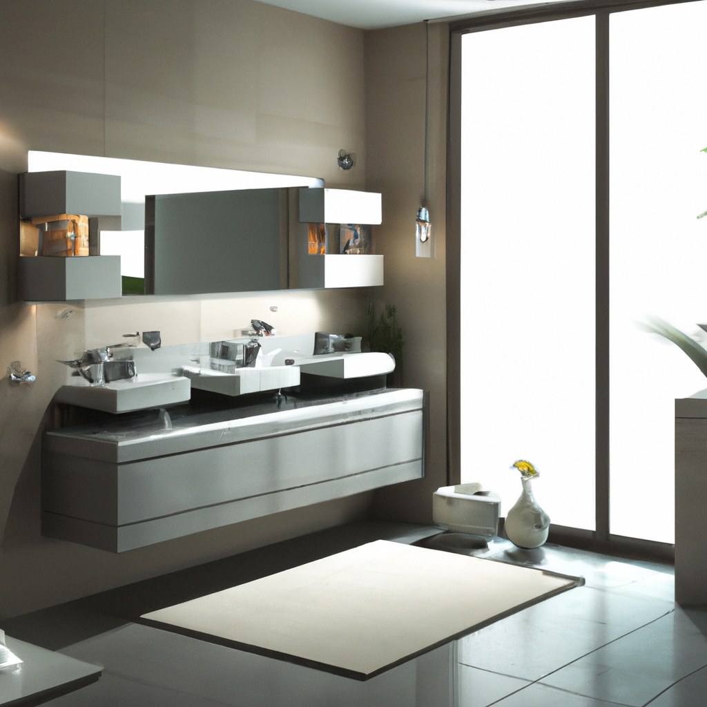 Salle de bain moderne avec meubles en métal, éclairage contemporain, accents naturels et grandes fenêtres lumineuses.