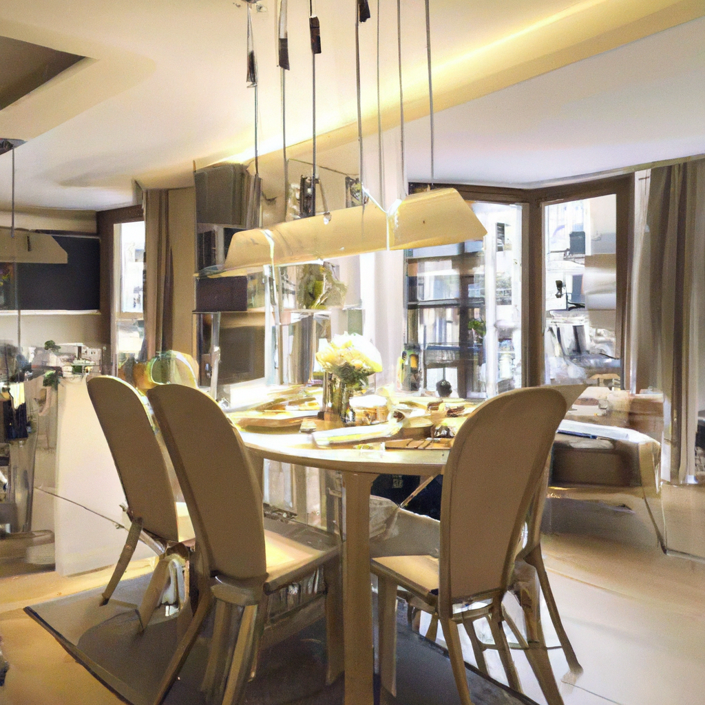 Salle à manger moderne avec table ronde en bois, chaises beiges, luminaires suspendus et grandes fenêtres laissant entrer ...
