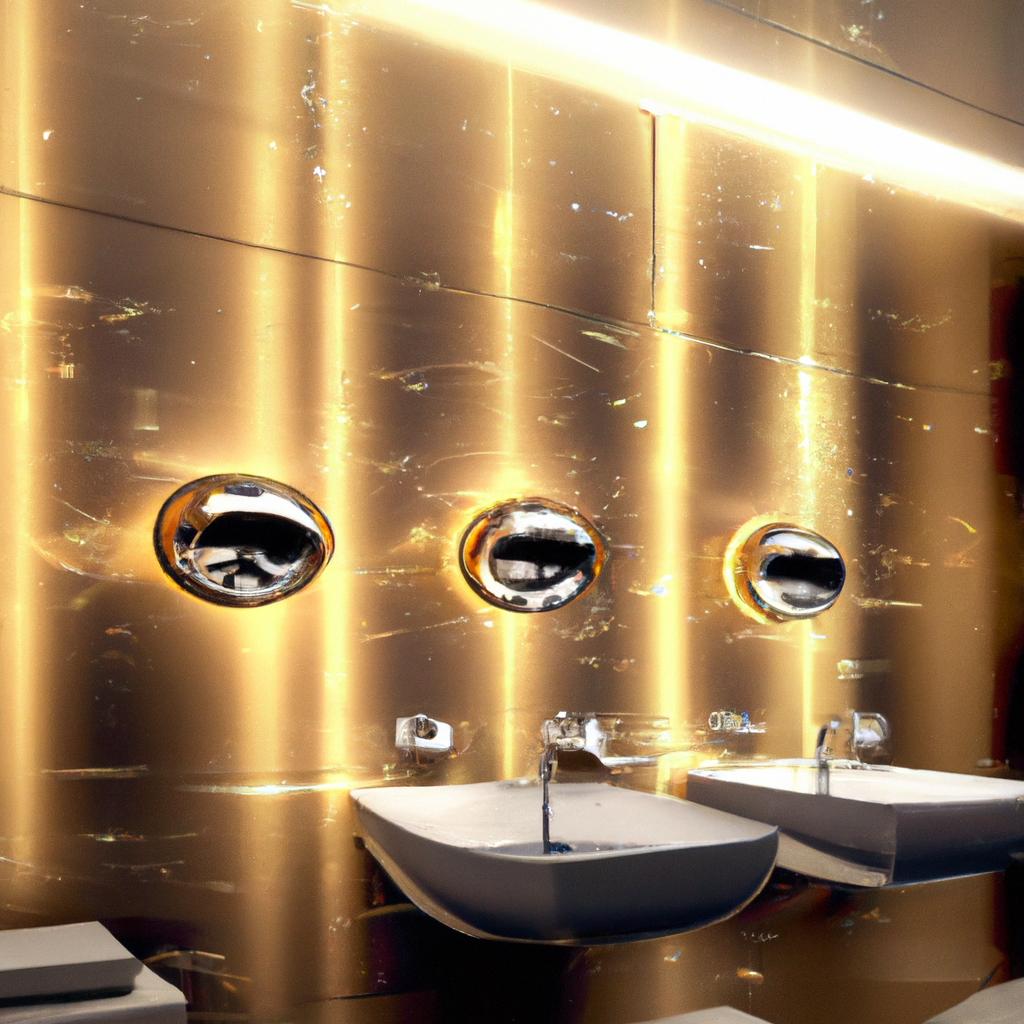 Salle de bain moderne avec murs dorés, trois lavabos blancs et miroirs ronds, ambiance élégante et lumineuse.