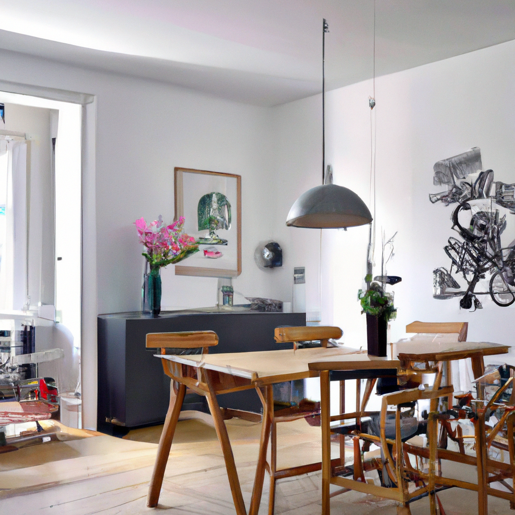 Salon moderne avec murs blancs, mobilier en bois clair, table à manger, lampe suspendue et décoration artistique monochrome.