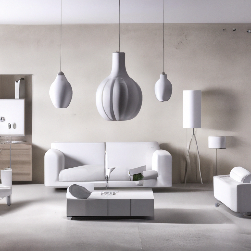 Salon moderne minimaliste avec canapé blanc, luminaires suspendus et table basse en bois clair sur un sol gris.