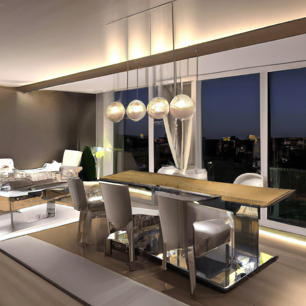 Intérieur moderne avec table en verre, chaises blanches, éclairage suspendu et ambiance élégante nocturne.