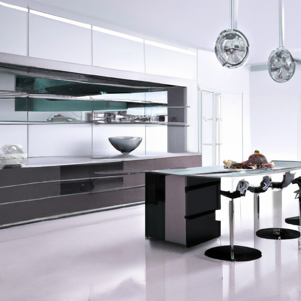 Cuisine moderne aux lignes épurées, meubles noirs laqués, éclairage design, ambiance minimaliste et élégante.