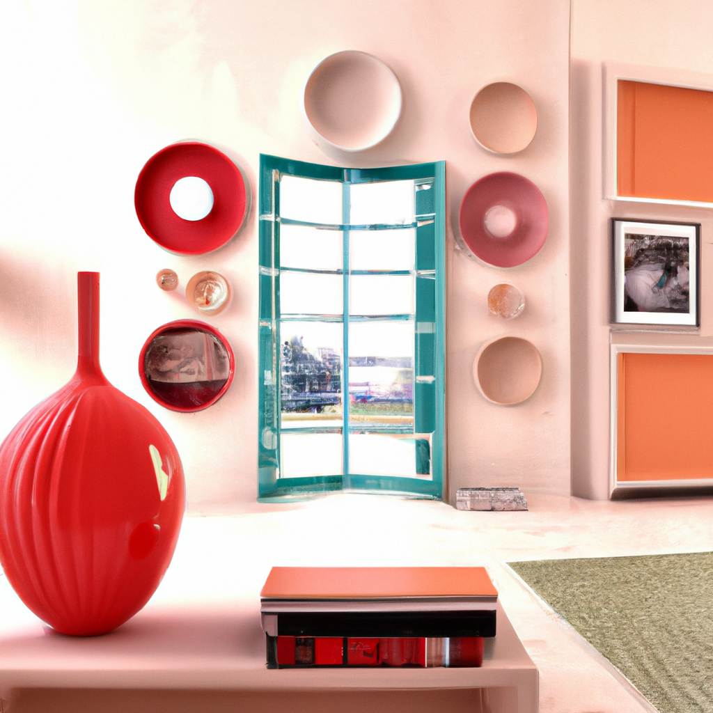 Décoration moderne : murs pastel, fenêtres turquoise, accessoires cerclés colorés, vase rouge, ambiance chaleureuse et con...