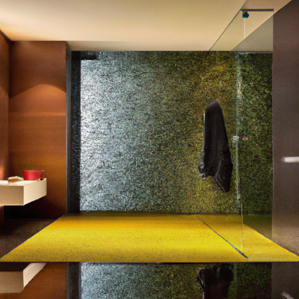 Salle moderne avec mur de mousse verte, sol jaune lumineux, meuble minimaliste blanc, ambiance zen et contemporaine.