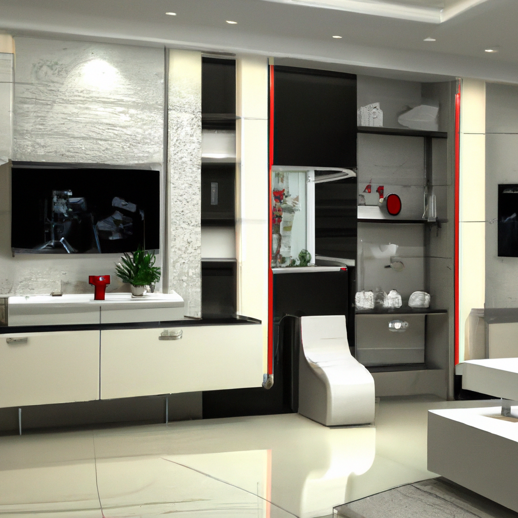 Salon moderne minimaliste avec meuble TV noir et blanc, accents rouges, plantes déco et ambiance épurée.