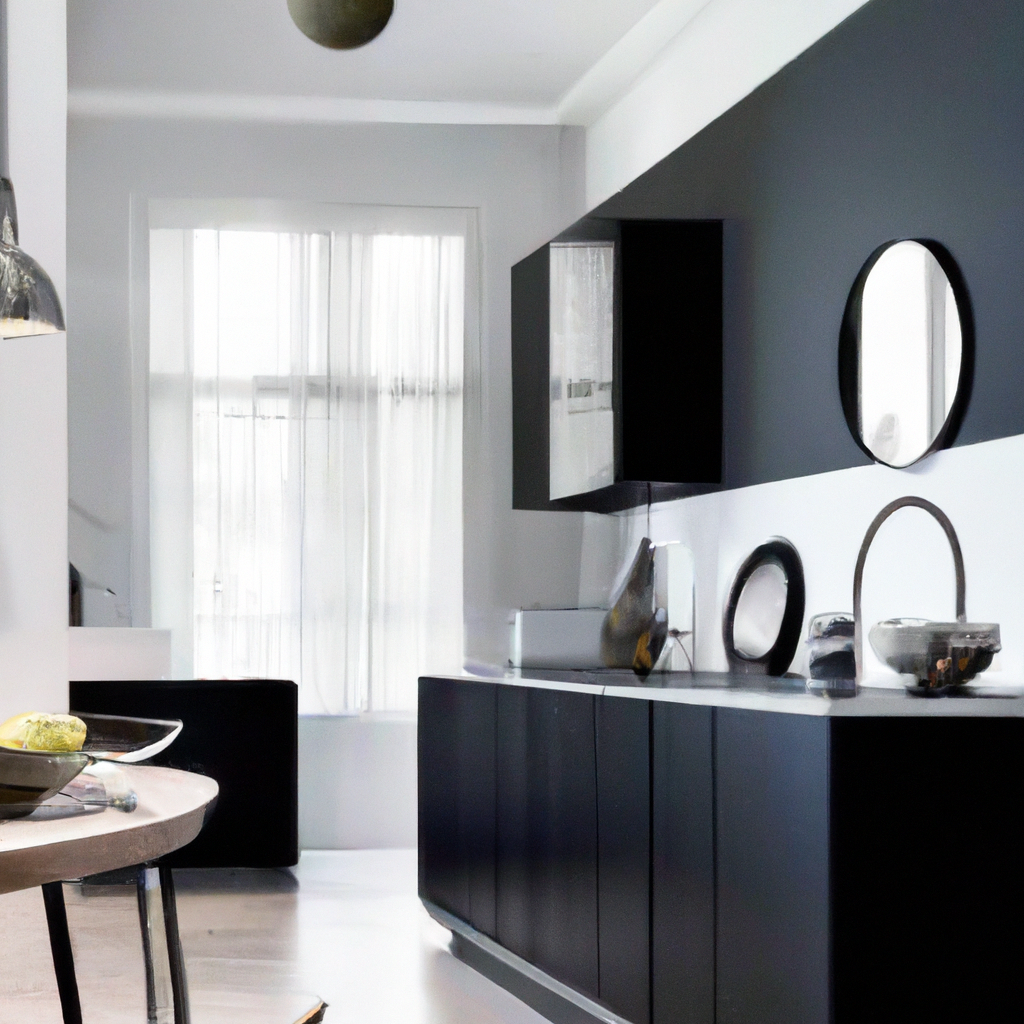 Cuisine moderne avec mobilier noir élégant, touches de blanc et décor minimaliste, ambiance chic et monochrome.