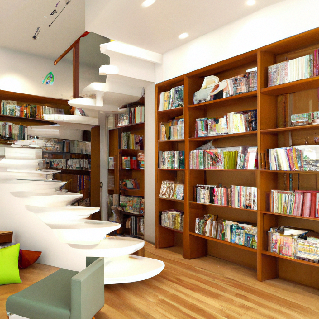 Intérieur moderne avec escalier en spirale, étagères en bois remplies de livres, ambiance chaleureuse et colorée.
