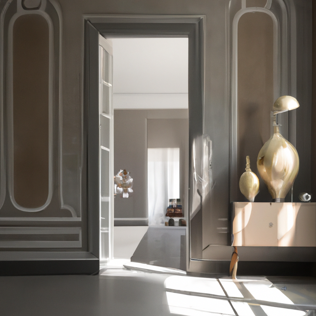 Entrée élégante avec murs taupe, meuble en bois clair, lampes dorées et ambiance lumineuse moderne.
