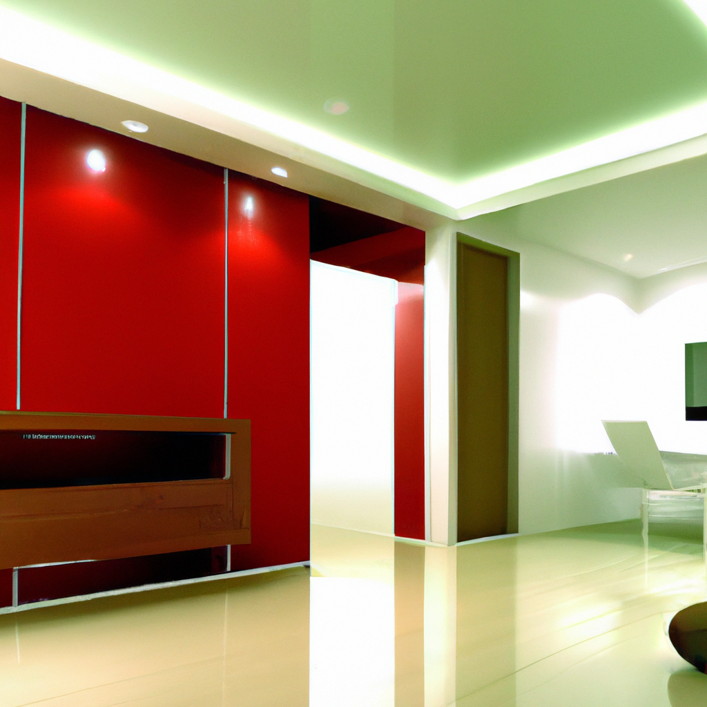 Intérieur moderne avec murs rouges, éclairage LED, sol brillant et un meuble TV minimaliste. Ambiance chic et contemporaine.