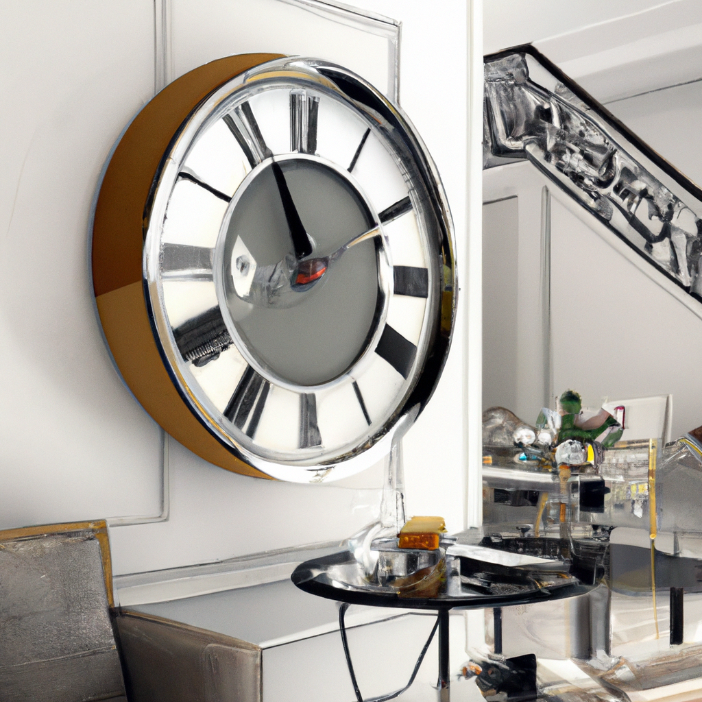 Horloge moderne en chrome et bois, mur blanc élégamment décoré, ambiance contemporaine et chic, mobilier minimaliste.