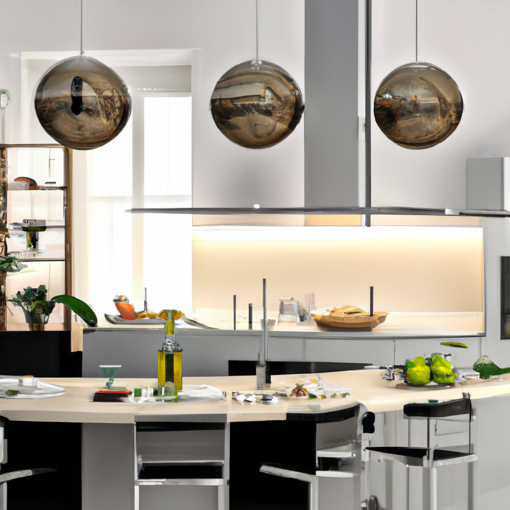 Cuisine moderne avec îlot central, meubles noirs et blancs, luminaires sphériques, ambiance lumineuse et contemporaine.